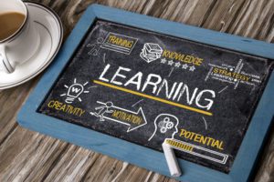 free learning - "learning" and related concepts on small chalkboard