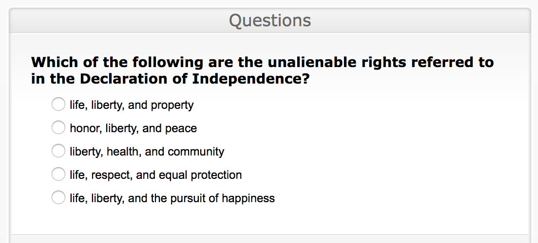 Image of question from civic literacy exam