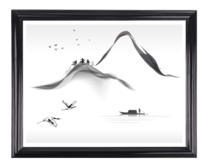 Japanese ink landscape with birds, boat, background mountains