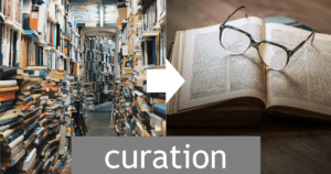 Library on left with arrow to book entry on right - word curation in bottom center