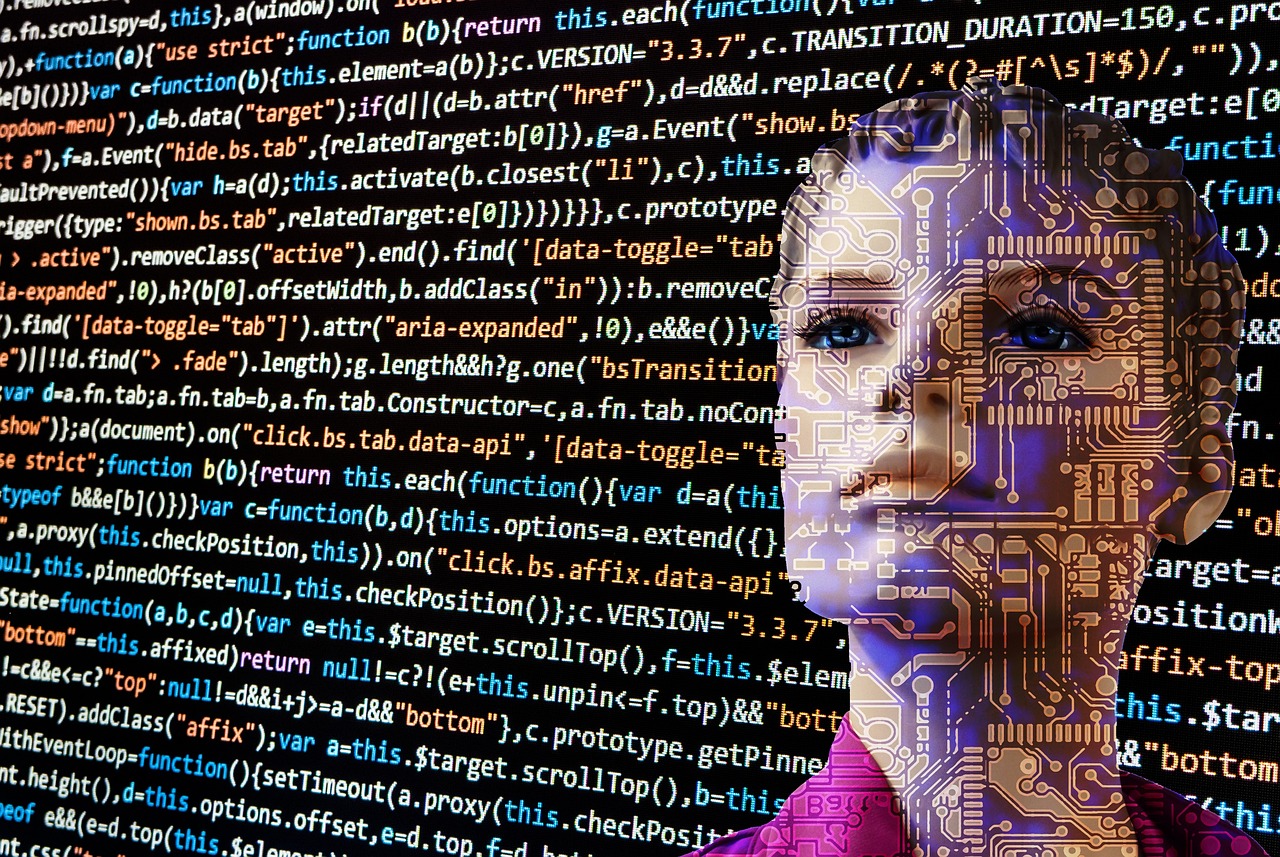 female face with superimposed computer code as artificial intelligence learning tool