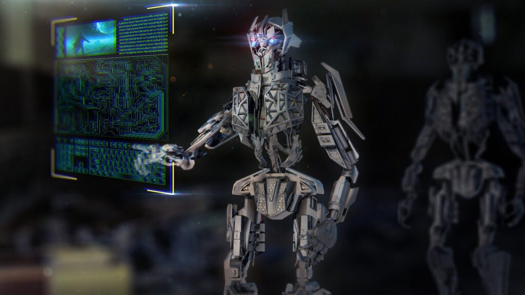 Robot working at sci-fi looking computer screen